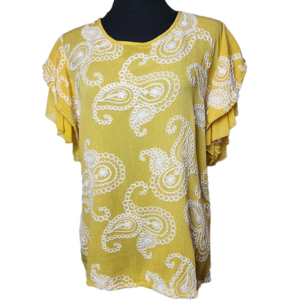 Forgotten Grace 1X Yellow Paisley Embroidered Ruffle Mesh Flowy Boho Top Shirt